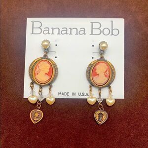 Lovely 1980s Banana Bob Cameo drop pierced earrings, in Antiquated Gold, Marked